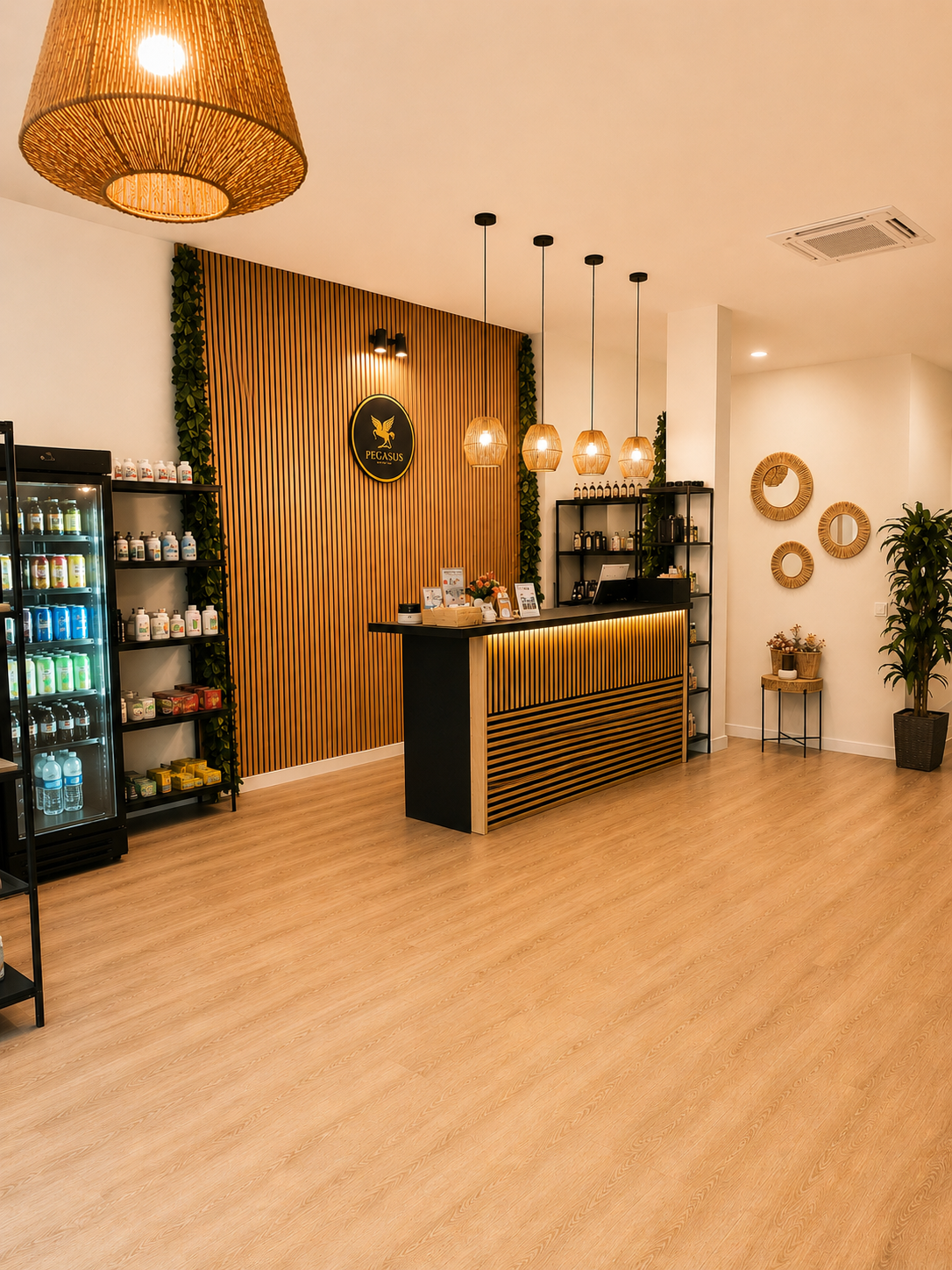 Mostrador y tienda de suplementación de Pegasus con iluminación cálida y detalles boutique